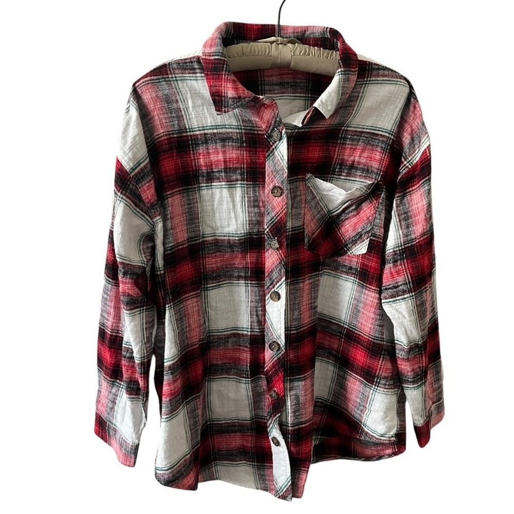 Maurices Womens 1X Red White Black Plaid Cotton Button Down Flannel Shirt‎ Top